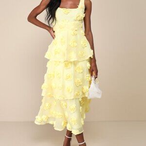 Lulus Exceptional Entrance Yellow Sleeveless Tiered Rosette Midi Dress - Size XL